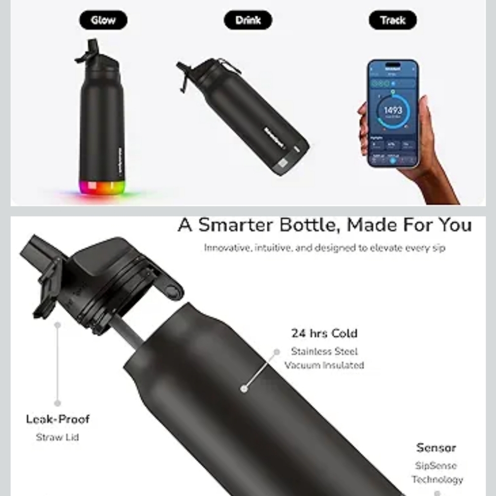 HidrateSpark Black Smart Water Bottle with LED Base - Picture 2 of 4